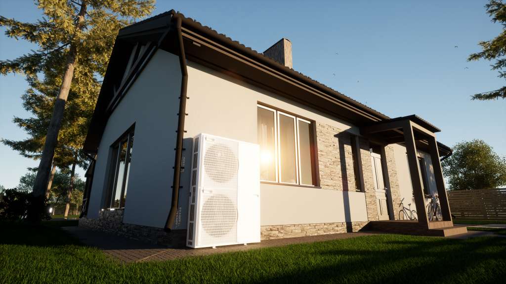 Luft-Wasser-Wärmepumpe vor einem Wohnhaus