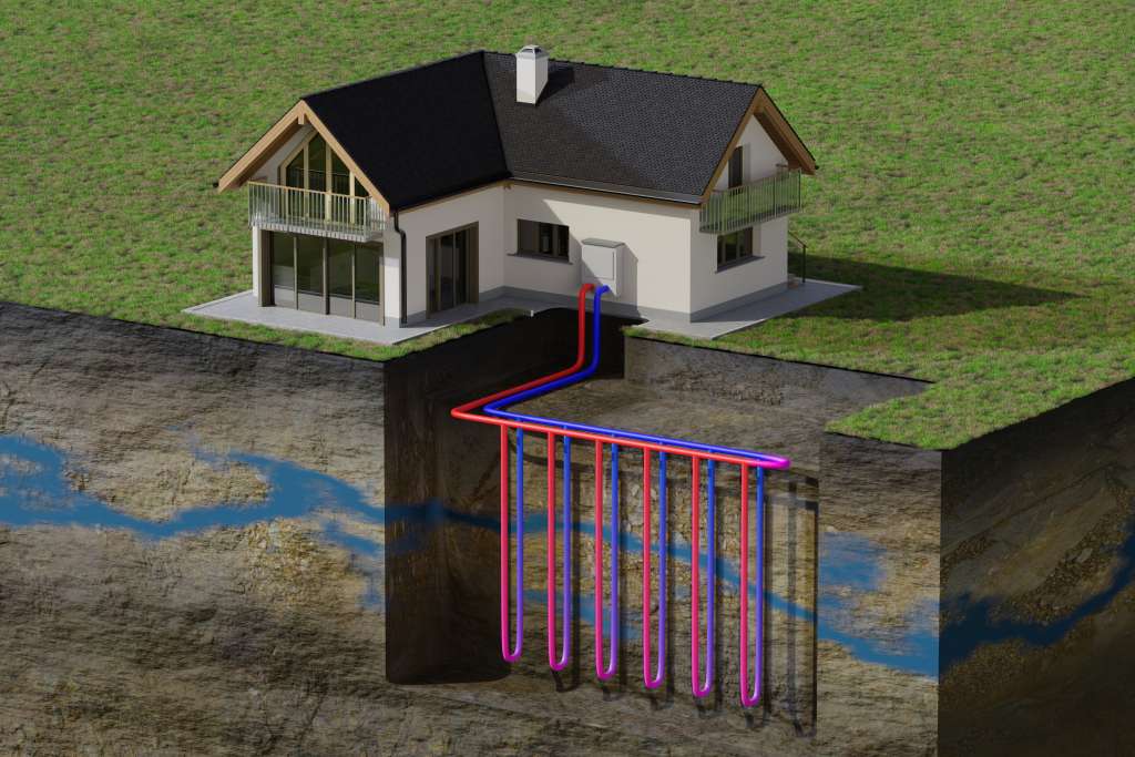 Eine Grundwasserwärmepumpe nutzt die Temperaturdifferenz zwischen dem Grundwasser und dem zu beheizenden bzw. zu kühlenden Raum