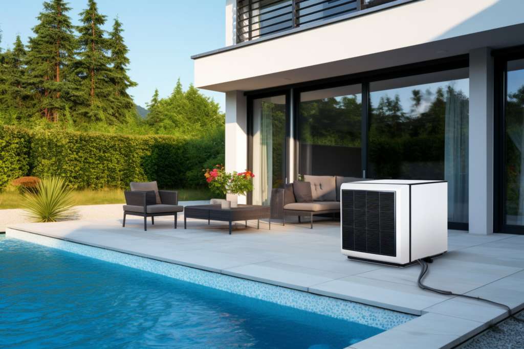 Pool-Wärmepumpe vor modernem Haus mit Pool