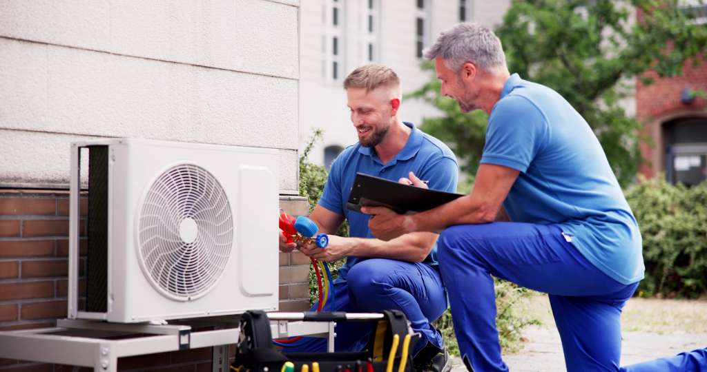 Zwei Techniker arbeiten an Wärmepumpe im Freien