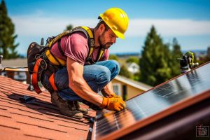 Montage einer Solaranlage auf einem Hausdach durch Handwerker