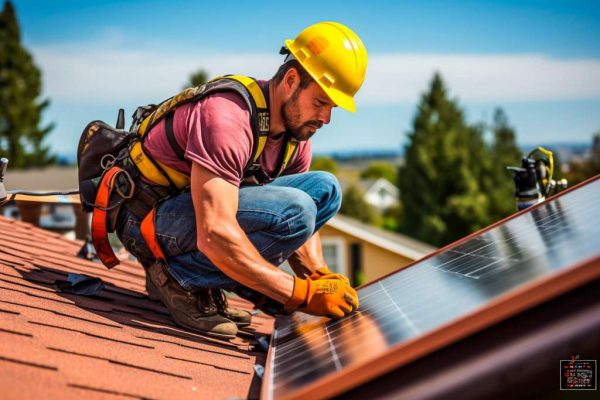 Montage einer Solaranlage auf einem Hausdach durch Handwerker