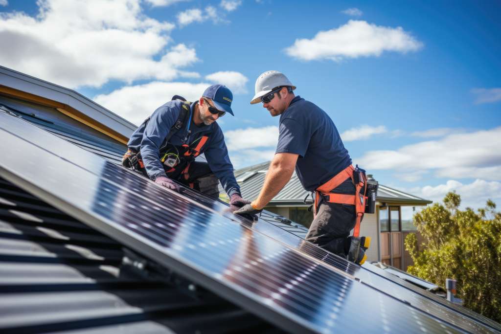 Arbeiter montieren Solarpaneele auf dem Dach