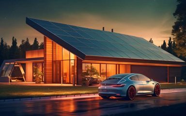 E-Auto tankt vor modernem Haus