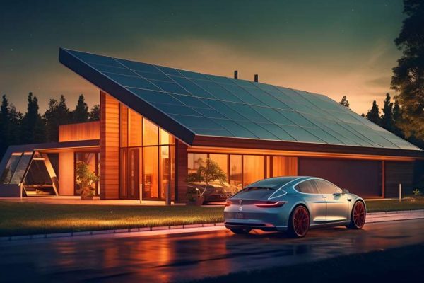 E-Auto tankt vor modernem Haus