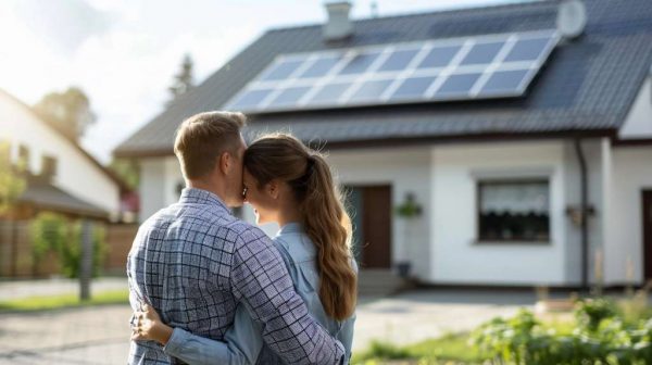 Familie vor Einfamilienhaus mit PV-Anlage
