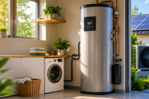 Effiziente Warmwasserbereitung mit Wärmepumpe Heizungsraum mit Wärmepumpe