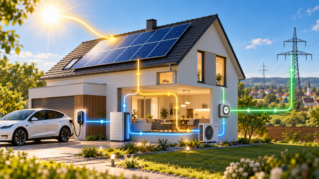 Photovoltaikanlage auf einem Einfamilienhaus mit Batteriespeicher, Wärmepumpe und Wallbox zur intelligenten Solarstromnutzung und Netzeinspeisung ab 2027.