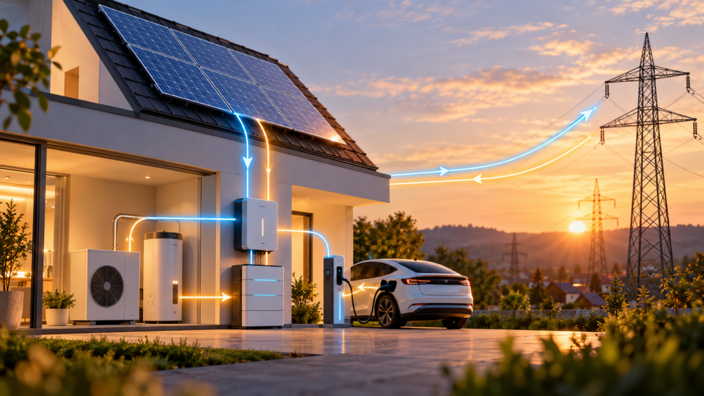 Strom intelligent nutzen: Bidirektionale Speicher verbinden Photovoltaik, Elektromobilität und öffentliches Stromnetz.